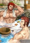  2boys abs armpits bara barrel beard blue_eyes brown_hair chest collarbone couple facial_hair fate/grand_order fate/zero fate_(series) hand_in_hair kienbiu leaf looking_at_another male_focus multiple_boys muscle napoleon_bonaparte_(fate/grand_order) nipples onsen partially_submerged pectorals red_eyes red_hair rider_(fate/zero) sitting smile steam towel towel_around_neck water wet 