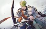  1boy 1girl achilles_(fate) animal_ears armor atalanta_(alter)_(fate) atalanta_(fate) collar darkavey fate/apocrypha fate/grand_order fate_(series) green_eyes highres long_hair looking_to_the_side open_mouth polearm silver_hair spear weapon yellow_eyes 