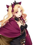  1girl bangs between_breasts black_leotard blonde_hair blush bow breasts cape chimachi cleavage detached_collar earrings ereshkigal_(fate/grand_order) fate/grand_order fate_(series) gold_trim hair_bow highres hoop_earrings infinity jewelry leotard long_hair looking_at_viewer medium_breasts multicolored multicolored_cape multicolored_clothes necklace open_mouth parted_bangs red_bow red_cape red_eyes simple_background skull smile solo spine tiara two_side_up white_background yellow_cape 