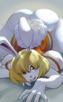  1girl animal_ears ass blonde_hair blush bottomless buck_teeth bunny_ears bunny_tail carrot_(one_piece) crawling dress furry highres looking_at_viewer microdress no_panties one_piece orange_eyes rabbit_girl ryan_domonica short_hair smile snout solo spread_legs strap_slip tail thick_thighs thighs top-down_bottom-up white_fur 