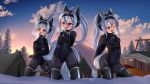  3girls absurdres animal_ears arms_behind_back ass_visible_through_thighs blush bodysuit boots breasts collar dog_sled english_commentary fangs full-face_blush fur_boots grey_hair hair_between_eyes highres hotel01 kneeling long_hair looking_at_viewer monoglove mountainous_horizon multiple_girls one_eye_closed open_mouth original ponytail red_eyes shiny shiny_clothes skin_tight slave small_breasts snow sunset tail tent thighhighs tongue tongue_out wolf_ears wolf_tail 