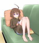 1girl ahoge barefoot bike_shorts black_sweater blush book brown_hair casual chips couch denim denim_shorts feet flat_chest food food_in_mouth full_body huge_ahoge linne looking_at_viewer on_couch open_book pillow ponkotsu potato_chips purple_eyes reading shorts shorts_under_shorts solo sweater toes turtleneck turtleneck_sweater under_night_in-birth 