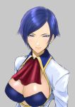  1girl anagumasan bangs blue_eyes blue_hair breasts cleavage cleavage_cutout closed_mouth cravat elisabeth_blanctorche grey_background highres jacket large_breasts long_sleeves looking_at_viewer short_hair simple_background swept_bangs the_king_of_fighters upper_body white_jacket 