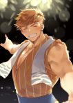  1boy alternate_costume bangs bara bare_shoulders blonde_hair blush chest closed_eyes closed_mouth collarbone facing_viewer granblue_fantasy higashigunkan holding male_focus pectorals pointing shirt simple_background sleeveless smile solo towel towel_around_neck upper_body vane_(granblue_fantasy) 