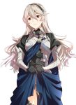  1girl armor black_gloves black_hairband blue_cape cape closed_mouth corrin_(fire_emblem) corrin_(fire_emblem)_(female) fire_emblem fire_emblem_fates gloves hairband highres long_hair misu_kasumi pointy_ears red_eyes simple_background solo white_background white_hair 