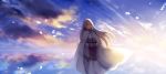  1girl cape cloud day highres long_hair outdoors pixiv_fantasia pixiv_fantasia_age_of_starlight purple_empress_ranrei purple_eyes sae_(091688) solo standing white_cape white_hair wide_sleeves 