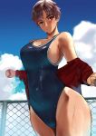  1girl bangs blue_sky breasts brown_eyes brown_hair cloud competition_swimsuit eyebrows_behind_hair eyebrows_visible_through_hair fence jacket jikihatiman large_breasts looking_at_viewer one-piece_swimsuit original short_hair sideboob sky smile solo swimsuit tomboy undressing wet wet_clothes 