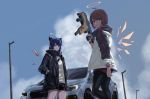  2girls ahoge angel_wings aqua_eyes arknights artist_name asama_(drift_in) black_jacket black_legwear black_shorts blue_hair car cloud cloudy_sky condensation_trail cowboy_shot day demon_horns detached_wings exusiai_(arknights) eyebrows_visible_through_hair ground_vehicle gun halo hand_in_pocket highres hood hooded_jacket horns jacket kriss_vector long_sleeves looking_at_viewer medium_hair mostima_(arknights) motor_vehicle multiple_girls outdoors pantyhose red_eyes red_hair shirt short_hair short_shorts shorts shoulder_strap sky smile standing subaru_(brand) subaru_wrx submachine_gun telephone_pole thighs turtleneck weapon white_jacket white_shirt wings wristband 