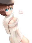  1girl blue_eyes breasts brown_hair cleavage closed_mouth hat jill_valentine meme_attire nagare resident_evil short_hair simple_background solo virgin_killer_sweater white_background 