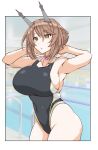  1girl black_swimsuit breasts brown_hair cleavage competition_swimsuit covered_navel green_eyes hairband headgear highleg highleg_swimsuit highres imagawa_akira kantai_collection large_breasts mutsu_(kantai_collection) one-piece_swimsuit pool short_hair solo swimsuit 