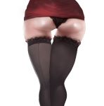  1girl ada_wong ass ass_focus black_legwear black_panties close-up dress from_behind highres lace lace_panties lokyscar panties red_dress resident_evil resident_evil_2 simple_background skindentation skirt solo thighhighs underwear white_background 