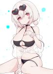  1girl azur_lane bangs bikini black_bikini black_footwear blush breasts cleavage collarbone eyebrows_visible_through_hair eyewear_on_head fukurou_(hvgd5584) hair_between_eyes heart heart-shaped_eyewear highres looking_at_viewer navel o-ring o-ring_top red_eyes scrunchie short_hair sirius_(azur_lane) sirius_(midsummer_seirios)_(azur_lane) sitting solo sunglasses swimsuit thigh_strap white_hair white_scrunchie wrist_scrunchie 