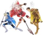  1girl 2boys axe blonde_hair blue_cape blue_eyes brown_hair cape claude_von_riegan closed_mouth dark_skin dark_skinned_male dimitri_alexandre_blaiddyd earrings edelgard_von_hresvelg fire_emblem fire_emblem:_three_houses from_side gloves green_eyes hair_ribbon highres hira_(mcohira) holding holding_axe jewelry long_hair multiple_boys open_mouth polearm purple_eyes red_cape ribbon short_hair simple_background weapon white_background white_hair yellow_cape 