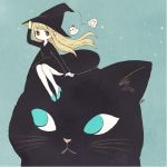  1girl ayu_(mog) black_cat black_dress black_headwear blonde_hair blue_background blue_footwear blush brown_eyes cat cat_focus closed_mouth dress ghost hand_up hat long_hair looking_at_viewer minigirl original shoes signature sitting solo witch_hat 