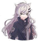  1girl animal_ears antenna_hair arknights bangs black_jacket commentary_request cropped_torso eyebrows_visible_through_hair grey_eyes hair_between_eyes hair_ornament hairclip high_collar jacket kurukubouru lappland_(arknights) long_hair long_sleeves looking_at_viewer silver_hair simple_background smile solo upper_body white_background wolf_ears 