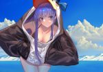  1girl absurdres animal_hood bangs bare_shoulders bikini black_bikini black_jacket blue_bow blue_eyes blue_sky blush bow breasts closed_mouth cloud collarbone fate/grand_order fate_(series) hands_on_hips highres hood hood_up jacket leaning_forward long_hair long_sleeves looking_at_viewer meltryllis meltryllis_(swimsuit_lancer)_(fate) ocean penguin_hood purple_hair sky sleeves_past_fingers sleeves_past_wrists small_breasts solo swimsuit thighs very_long_hair yusuli- 