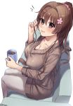  1girl absurdres beige_sweater breasts brown_hair cherry_blossoms cleavage collarbone commentary_request couch cup feet_out_of_frame flower hair_flower hair_ornament highres kantai_collection large_breasts long_hair looking_at_viewer miyotarou mug pants ponytail ribbed_sweater simple_background sitting solo sweater twitter_username white_background white_pants yamato_(kantai_collection) 