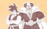  2boys afro amepati arm_hair bald beige_background belt black_eyes black_hair cape championship_belt chest chest_hair clenched_hands clenched_teeth crossed_arms dougi dragon_ball dragon_ball_z facial_hair grin hands_on_hips height_difference looking_at_another looking_to_the_side male_focus mr._satan multiple_boys muscle mustache outline pectorals side-by-side simple_background smile son_gokuu spiked_hair standing teeth upper_body v-shaped_eyebrows white_cape white_outline wrinkles wristband 