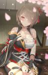  1girl absurdres bandages bare_shoulders black_kimono blurry_foreground blush breasts bridal_gauntlets brown_hair cherry_blossoms cleavage earrings eltra flower from_above hair_bun hair_flower hair_ornament hair_over_one_eye hand_on_own_chest highres honkai_(series) honkai_impact_3rd japanese_clothes jewelry kimono large_breasts looking_at_viewer mole mole_under_eye parted_lips porch red_eyes rita_rossweisse short_hair short_kimono sitting sliding_doors smile solo thighlet veranda 