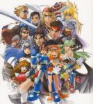  6+boys 6+girls absurdres armor bat_wings beard blonde_hair blue_eyes blue_hair boots breasts brown_hair capcom captain_commando captain_commando_(character) chun-li cleavage dagger double_bun facial_hair fist_pump full_body green_eyes green_hair hat head_wings headband helmet high_kick highres jewelry kanda_momo kawano_takuji kazama_jin kaze_no_klonoa kicking klonoa kos-mos long_hair looking_at_viewer makaimura medium_breasts mitsurugi_heishirou morrigan_aensland multiple_boys multiple_girls namco_x_capcom official_art open_mouth pink_eyes ring rock_volnutt rockman rockman_dash roll_caskett ryuu_(street_fighter) short_hair sir_arthur_(makaimura) smile soulcalibur stahn_aileron standing street_fighter sword tales_of_(series) tales_of_destiny tekken valkyrie_(vnd) valkyrie_no_densetsu vampire_(game) weapon wings wonder_momo xenosaga 