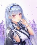  1girl absurdres azur_lane bangs blue_cloak blush breasts cloak commentary_request dido_(azur_lane) earrings eyebrows_visible_through_hair field floral_print flower flower_field funii gradient gradient_background hair_flower hair_ornament hairband highres japanese_clothes jewelry kimono large_breasts lavender_(flower) light_blue_hair long_hair looking_at_viewer petals purple_eyes sash sideboob sidelocks skindentation solo stud_earrings white_kimono 