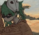  1girl bangs black_eyes bra_strap commentary desert earrings expressionless green_hair hatsune_miku highres jacket jewelry koboshinn looking_at_viewer mask mask_on_head solo suna_no_wakusei_(vocaloid) sunglasses twintails vocaloid 
