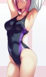  1girl armpits arms_up bare_shoulders blush breasts cleavage collarbone competition_swimsuit fate/grand_order fate_(series) happymonk highres large_breasts lavender_hair mash_kyrielight one-piece_swimsuit short_hair solo swimsuit 