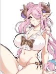  1girl bare_thighs blush breasts cleavage covered_nipples draph earrings granblue_fantasy groin hair_over_one_eye horns jewelry large_breasts leg_up long_hair looking_at_viewer low_tied_hair low_twintails mr-poritan narmaya_(granblue_fantasy) navel pink_eyes pink_hair pointy_ears side-tie_swimsuit sitting solo stud_earrings symbol-shaped_pupils twintails white_background 
