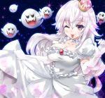  1girl breasts cleavage crown dress eyebrows_visible_through_hair frills gloves hair_between_eyes large_breasts long_hair looking_at_viewer luigi&#039;s_mansion mario_(series) nagare new_super_mario_bros._u_deluxe princess_king_boo smile solo super_crown tongue tongue_out wedding white_dress white_gloves white_hair 