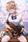  1girl bangs bespectacled between_legs black_skirt blonde_girl_(itou) blonde_hair blue-framed_eyewear blue_neckwear blue_sky bow bowtie breast_rest breasts brown_gloves brown_jacket bullpup cherry_blossoms cleavage closed_mouth clothes_around_waist collared_shirt desk eraser eyebrows_visible_through_hair glasses gloves gun hair_between_eyes hair_bow hand_between_legs head_tilt highres holding holding_gun holding_weapon itou_(onsoku_tassha) jacket jacket_around_waist large_breasts legs_apart looking_at_viewer notebook original outdoors p90 pen pleated_skirt ponytail school_desk shirt short_hair sitting skirt sky smile smug solo submachine_gun thighhighs tree trigger_discipline weapon white_bow white_legwear white_shirt wing_collar 