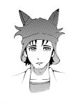  1boy absurdres animal_ears black_hair cat_ears facial_hair grey_shirt greyscale highres labcoat looking_at_viewer male_focus monochrome okabe_rintarou shirt solo source_request steins;gate white_background 