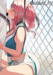  1girl a1 azur_lane belt blush breasts bremerton_(azur_lane) bremerton_(scorching-hot_training)_(azur_lane) censored chain-link_fence cleavage commentary_request crop_top crop_top_overhang fellatio fence hair_ornament headgear hetero huge_breasts large_breasts multicolored_hair oral pants penis red_hair shirt sidelocks skirt sleeveless sleeveless_shirt sportswear spread_legs squatting streaked_hair sweat tennis_uniform thighs twintails two-tone_skirt two_side_up unbuttoned white_pants white_shirt white_skirt x_hair_ornament 