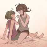  1boy 1girl akizuki_ritsuko akizuki_ryou antenna_hair arm_support blush boyshorts braid brown_hair chiaki_rakutarou chocolate closed_eyes cousins feeding glasses green_hair highres idolmaster idolmaster_(classic) idolmaster_dearly_stars on_bed shirt short_hair shorts_under_dress sitting sleeveless sleeveless_shirt straddling sweatdrop tank_top twin_braids 