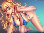  1girl all_fours ass asymmetrical_hair bangs bikini blonde_hair blue_background blue_bikini blue_bikini_bottom blue_eyes blue_scrunchie breasts cleavage earrings eyebrows_visible_through_hair galko glasses gradient gradient_background gyaru hair_ornament hair_scrunchie hanging_breasts jewelry kogal large_breasts long_hair nikita_varb one_side_up oshiete!_galko-chan parted_lips pink_lips red-framed_eyewear scrunchie side_bun stud_earrings swimsuit thighs thong underwear 