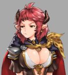  breasts brown_eyes cape cleavage draph earrings granblue_fantasy horns jewelry pointy_ears pout red_hair scarf shoulder_pads ssshousha sturm_(granblue_fantasy) tagme 