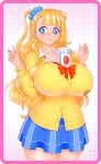  1girl akiranime bendy_straw blonde_hair blue_eyes blush breasts cleavage cup drink drinking_straw galko hair_bun long_hair open_mouth oshiete!_galko-chan ponytail ribbon school_uniform shiny shiny_hair shiny_skin side_ponytail skirt tawawa_challenge thick_thighs thighs tied_hair tight uniform 