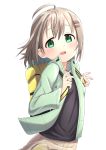  1girl ahoge backpack bag black_shirt commentary_request green_eyes green_jacket grey_hair hair_ornament hairclip jacket kohshibasaki looking_at_viewer open_clothes open_jacket open_mouth shirt short_hair solo white_background yama_no_susume yellow_backpack yukimura_aoi 