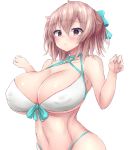  1girl bikini breasts brown_eyes cleavage covered_nipples fate/grand_order fate_(series) highres huge_breasts light_brown_hair navel okita_souji_(fate) okita_souji_(fate)_(all) okita_souji_(swimsuit_assassin)_(fate) short_hair simple_background solo swimsuit white_background yu-kinouhasu 