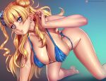  1girl all_fours ass asymmetrical_hair bangs bikini blonde_hair blue_background blue_bikini blue_bikini_bottom blue_eyes blue_scrunchie breasts cleavage earrings eyebrows_visible_through_hair galko gradient gradient_background gyaru hair_ornament hair_scrunchie hanging_breasts jewelry kogal large_breasts long_hair nikita_varb one_side_up oshiete!_galko-chan parted_lips pink_lips scrunchie side_bun stud_earrings swimsuit thighs thong underwear 