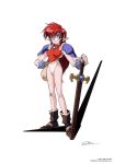  1990s_(style) 1girl armor bag blue_eyes boots brown_footwear copyright copyright_name dated fingerless_gloves full_body gloves headband highres holding holding_sword holding_weapon leotard long_hair mail_(popful_mail) official_art pauldrons pointy_ears popful_mail red_hair sheath sheathed signature simple_background smile solo standing sword weapon white_background 