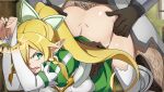  1boy 1girl all_fours ass blonde_hair bound bound_arms braid breasts commentary_request doggystyle green_eyes large_breasts leafa long_hair looking_back pointy_ears ponytail rape sex shiny shiny_hair shiny_skin solo_focus sword_art_online tearing_up thighhighs toranpo_rintarou twin_braids very_long_hair white_legwear 