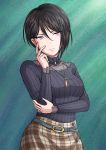  1girl asymmetrical_hair bang_dream! bangs black_hair black_shirt breasts brown_skirt closed_mouth collarbone commentary_request cowboy_shot eyebrows_behind_hair frilled_shirt_collar frilled_sleeves frills green_background green_belt hair_between_eyes hand_on_own_cheek hand_on_own_elbow highres jewelry kitayu large_breasts long_sleeves looking_at_viewer necklace pink_eyes plaid plaid_skirt see-through shirt short_hair simple_background single_sidelock skirt solo standing striped striped_shirt tsurime vertical-striped_shirt vertical_stripes yashio_rui 
