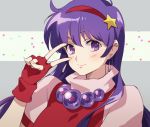  1girl asamiya_athena blush earrings fingerless_gloves gloves hair_ornament hairband jewelry long_hair looking_at_viewer portrait purple_eyes purple_hair red_hairband simple_background smile solo star star_hair_ornament star_print taki_(nakochan) the_king_of_fighters v 