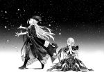  2boys antonio_salieri_(fate/grand_order) armor boots closed_eyes fate/grand_order fate_(series) greyscale hat headwear_removed helmet helmet_removed kneeling long_coat long_hair male_focus monochrome multiple_boys outstretched_arms sindri snowing walking wolfgang_amadeus_mozart_(fate/grand_order) 