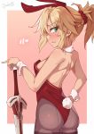 1girl animal_ears ass bangs bare_shoulders blonde_hair blush braid breasts bunny_ears bunny_girl bunny_tail bunnysuit commentary darahan eyebrows_visible_through_hair fake_animal_ears fake_tail fang fate/apocrypha fate/grand_order fate_(series) from_behind green_eyes hair_ornament hair_scrunchie holding holding_sword holding_weapon long_hair looking_at_viewer mordred_(fate) mordred_(fate)_(all) pantyhose pink_background ponytail red_scrunchie scrunchie simple_background skin_fang solo sword tail weapon wrist_cuffs 