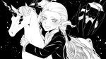  1boy antonio_salieri_(fate/grand_order) blush bow child claws fate/grand_order fate_(series) hair_bow long_hair looking_at_viewer monochrome ponytail sindri solo_focus stuffed_animal stuffed_horse stuffed_toy unicorn wolfgang_amadeus_mozart_(fate/grand_order) younger 