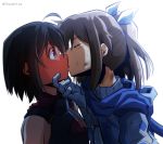  2girls ahoge armor artist_name bangs bare_shoulders black_armor black_hair blue_neckwear blush bob_cut brown_eyes brown_hair closed_eyes commentary_request dirty dirty_face embarrassed from_side full-face_blush gloves hair_ribbon hand_on_another&#039;s_chin highres itai_no_wa_iya_nano_de_bougyoryoku_ni_kyokufuri_shitai_to_omoimasu kiss looking_at_another maple_(bofuri) medium_hair multiple_girls ponytail ribbon sally_(bofuri) scarf short_hair simple_background surprised thai_commentary thunder_line white_background white_ribbon yuri 