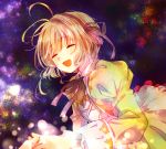  1girl ahoge blonde_hair cardcaptor_sakura closed_eyes dress green_dress hair_ribbon happy holding_hand juliet_sleeves kinomoto_sakura long_sleeves multicolored multicolored_background neck_ribbon open_mouth puffy_sleeves red_ribbon ribbon sakuramoti0511 short_hair sleeve_cuffs solo upper_body 