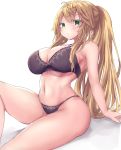  1girl artoria_pendragon_(all) artoria_pendragon_(lancer) black_bra black_panties blonde_hair bra breasts fate/grand_order fate_(series) green_eyes highres large_breasts long_hair looking_at_viewer navel panties ponytail solo underwear very_long_hair yu-kinouhasu 