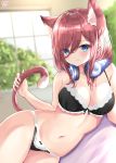  1girl animal_ear_fluff animal_ears bare_arms black_bra black_panties blue_eyes blurry blurry_background bra breasts cat_ears cat_girl cat_tail cleavage depth_of_field extra_ears frilled_panties frills go-toubun_no_hanayome hair_between_eyes headphones headphones_around_neck highres holding kemonomimi_mode lace lace-trimmed_bra large_breasts lingerie long_hair looking_at_viewer nakano_miku navel noeru_(gt17854) panties red_hair skindentation solo stomach tail thighs underwear underwear_only 